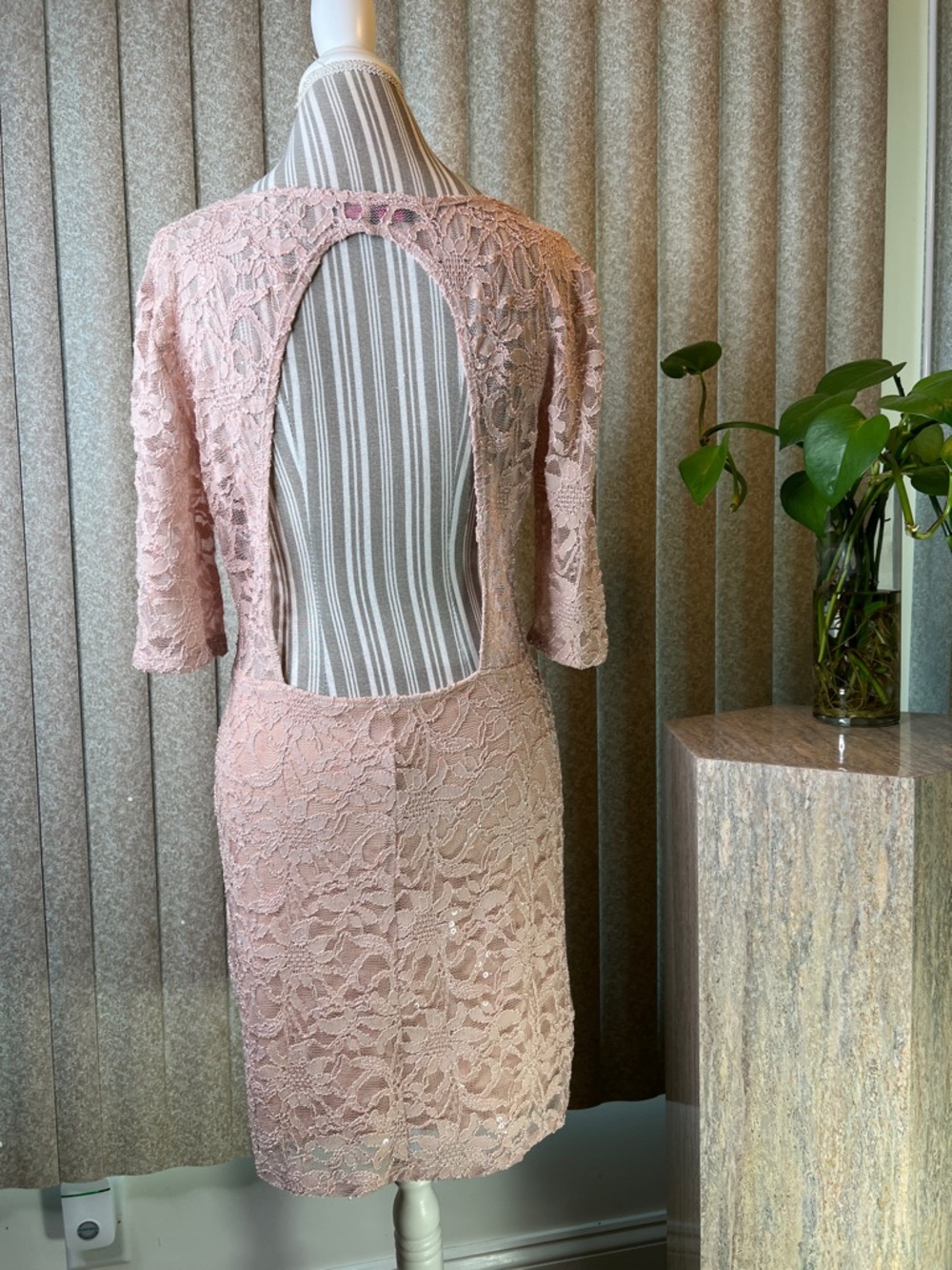 Reign On sexy Blush Pink Lace Midi Dress with Scoop Neck cutout back, S-L